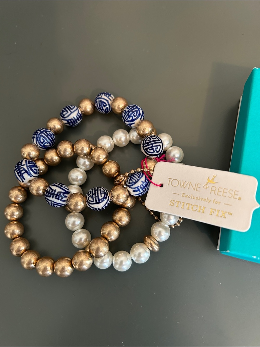 Towne & Reese Blue White Pearl and Gold Bead 3 piece Bracelet Set.  NIB.